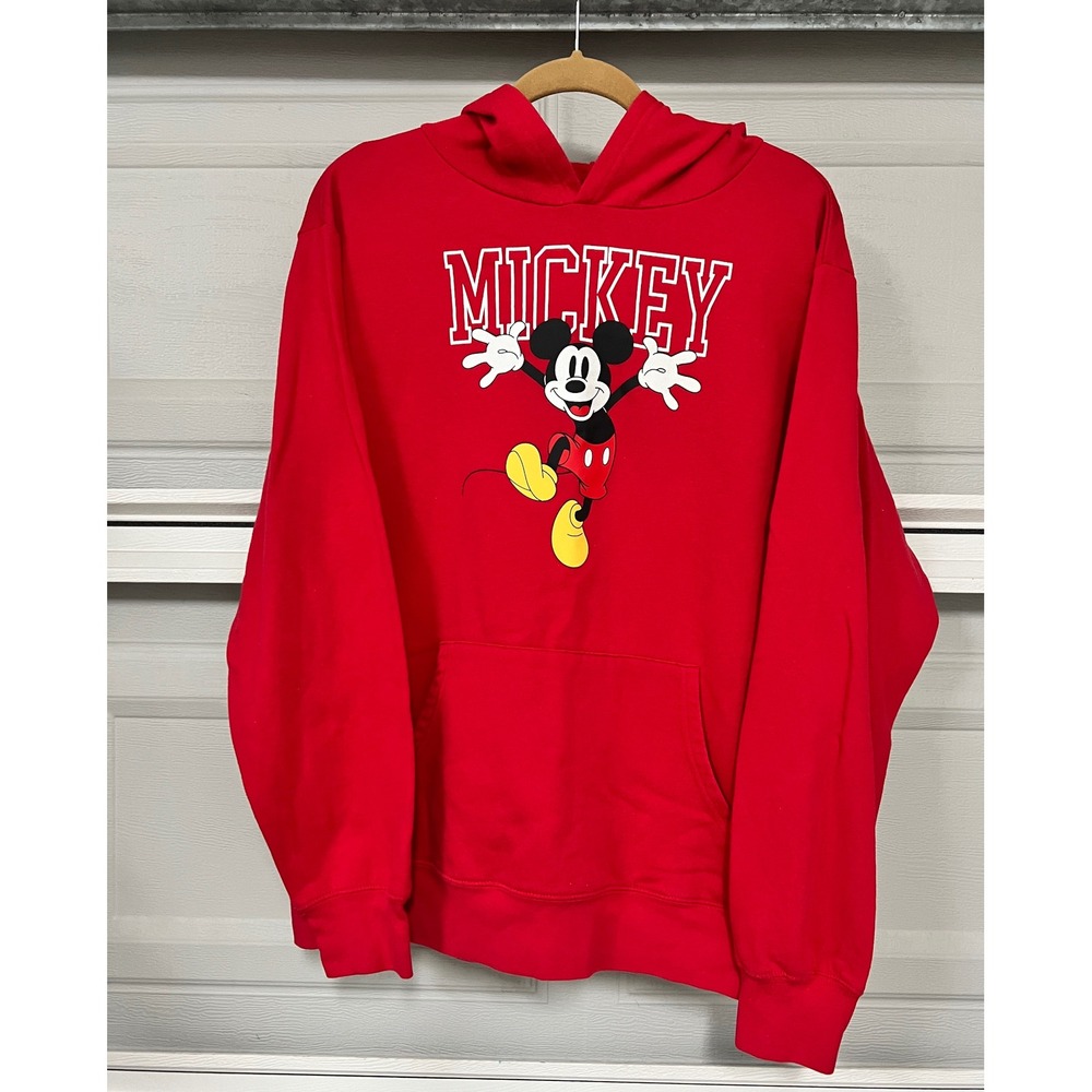 Disney Mickey Mouse Graphic Hoodie Red Mens Large Mad Engine Fleece Sweatshirt